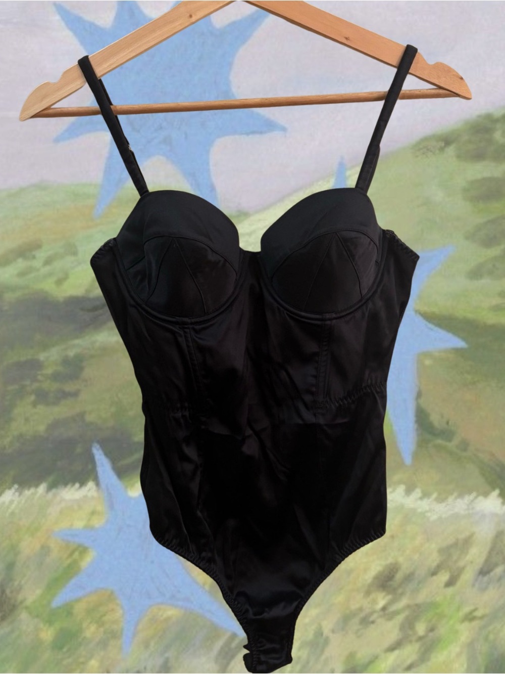 Fleur du Mal Black Satin Bullet Corset Bodysuit - Size Small